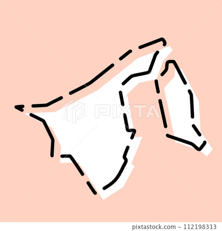 Brunei country simplified map. White silhouette with black broken contour on pink background. Simple vector icon 112198313