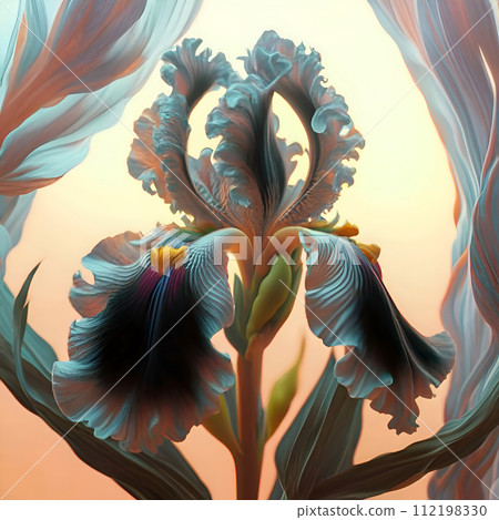 beautiful art black-grey  iris flower against soft pale background. Digital artwork. close up. paint style. Ai genarated 112198330