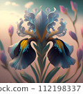 beautiful art blue colorful iris flower against soft pale background. Digital artwork. close up. paint style. Ai genarated 112198337