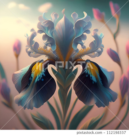 beautiful art blue colorful iris flower against soft pale background. Digital artwork. close up. paint style. Ai genarated 112198337