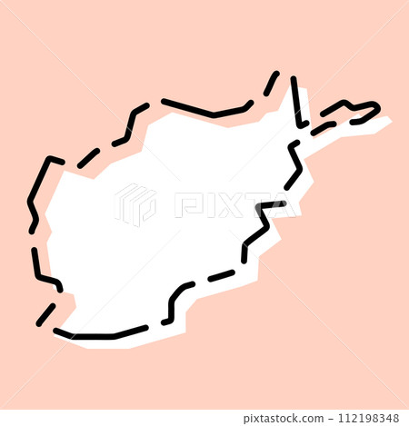 Afghanistan country simplified map. White silhouette with black broken contour on pink background. Simple vector icon 112198348