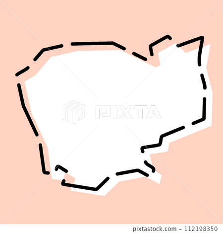 Cambodia country simplified map. White silhouette with black broken contour on pink background. Simple vector icon 112198350