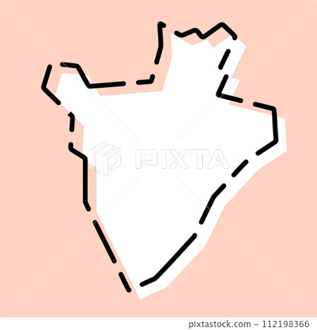 Burundi country simplified map. White silhouette with black broken contour on pink background. Simple vector icon Burundi country simplified map. White silhouette with black broken contour on pink background. Simple vector icon 112198366