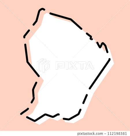 French Guiana simplified map. White silhouette with black broken contour on pink background. Simple vector icon 112198381
