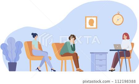 Vector Illustration of Patients and Therapist in Office. Counseling session, therapy and mental health care. Vector Illustration of Patients and Therapist in Office. Counseling session, therapy and mental health care. 112198388