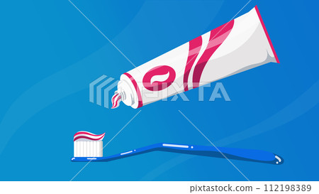 Toothpaste and Brush against a blue background. A ribbon of fresh toothpaste onto a blue toothbrush. Dental hygiene, oral health concepts. Vector illustration. Toothpaste and Brush against a blue background. A ribbon of fresh toothpaste onto a blue toothbrush. Dental hygiene, oral health concepts. Vector illustration. 112198389