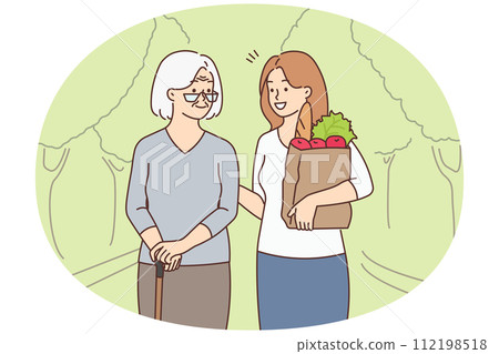 Girl with groceries help old grandmother Girl with groceries help old grandmother 112198518