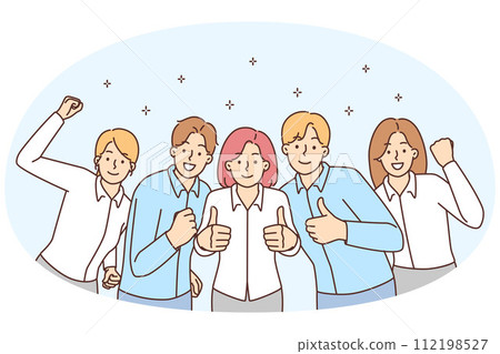 Smiling businesspeople celebrate shared business success 112198527