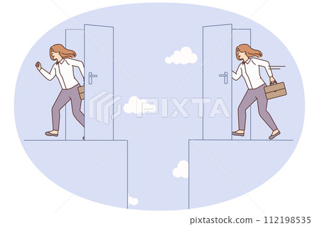 Smiling businesswoman walk in shortcut door find solution Smiling businesswoman walk in shortcut door find solution 112198535