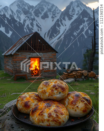 AI-generated content. A delicious dish is served on a plate, with a stunning mountain as a backdrop. The recipe includes fresh ingredients, blending cuisine with natural landscape 112198554