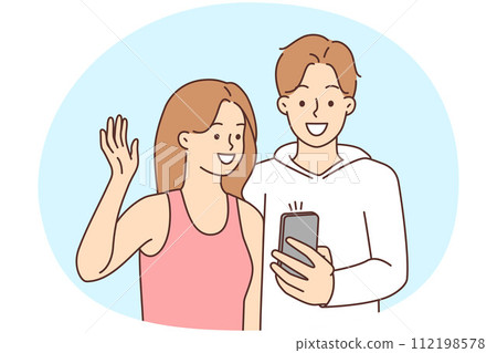 Smiling couple talking on video call on cell Smiling couple talking on video call on cell 112198578