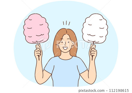 Smiling woman holding cotton candy Smiling woman holding cotton candy 112198615