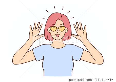 Smiling woman show funny face expression 112198616
