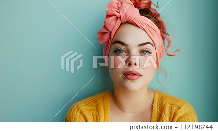 AI-generated content. A woman with a pink headband and yellow sweater is gazing at the camera, showcasing her forehead, lips, chin, eyes, eyebrows, eyelashes, ears, jaw, neck, and sleeves 112198744