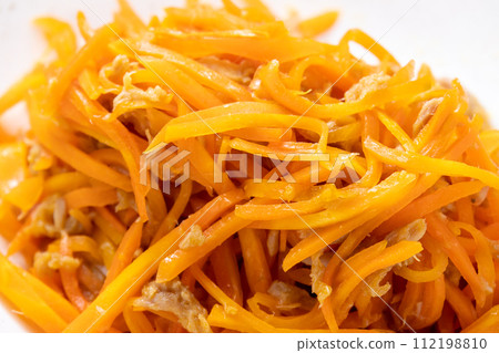 Close-up of carrot shirishiri (without egg, with tuna). Close-up of carrot shirishiri (without egg, with tuna). 112198810