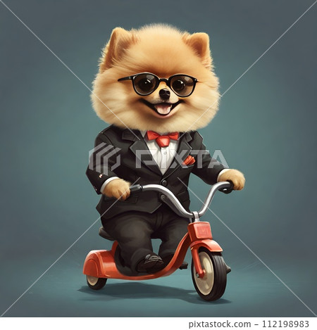 一個時尚醜陋的博美犬戴著墨鏡騎三輪車的插圖 一個時尚醜陋的博美犬戴著墨鏡騎三輪車的插圖 112198983