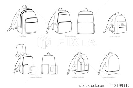 Set of School, Modular backpacks silhouette bag. Fashion accessory technical illustration. Vector schoolbag front 3-4 Set of School, Modular backpacks silhouette bag. Fashion accessory technical illustration. Vector schoolbag front 3-4 112199312