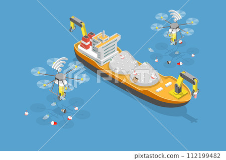 3D Isometric Flat Vector Illustration of Autonomous Technology For Litter Collection 112199482