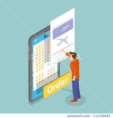3D Isometric Flat Vector Illustration of Selecting Airline Places Online 112199483