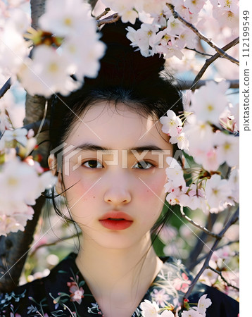 一幅日本女性的肖像，櫻花盛開，感受春天的到來。 112199549