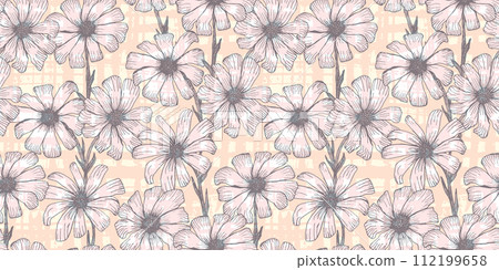 Textured light pink seamless pattern with engraving white chamomile flowers. Vintage sketch hand drawn gerbera flower botanical print for textile, wrapping paper, background 112199658
