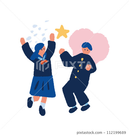 穿著校服的快樂男女學生的平面和簡單插圖 穿著校服的快樂男女學生的平面和簡單插圖 112199689