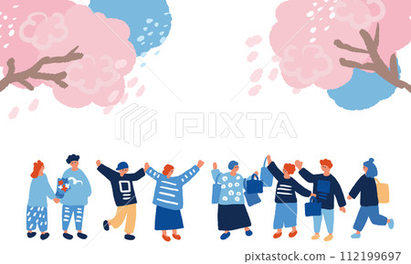 Flat and simple illustration of cherry blossoms and people in the city 112199697