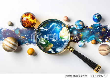 Image of exploring the mysteries of the universe with a magnifying glass Image of exploring the mysteries of the universe with a magnifying glass 112199732