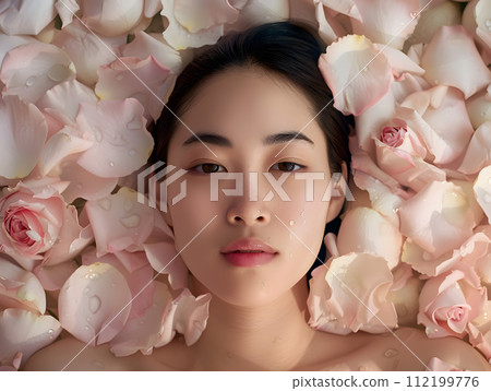 美容療癒時間：亞洲美女在玫瑰花瓣的包圍下進行護膚課程 112199776