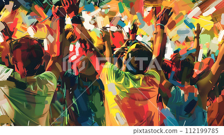 A colorful illustration of jubilant spectators highlighting the excitement of the Olympics A colorful illustration of jubilant spectators highlighting the excitement of the Olympics 112199785