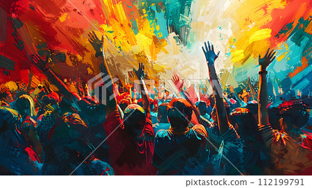 A colorful illustration of jubilant spectators highlighting the excitement of the Olympics A colorful illustration of jubilant spectators highlighting the excitement of the Olympics 112199791