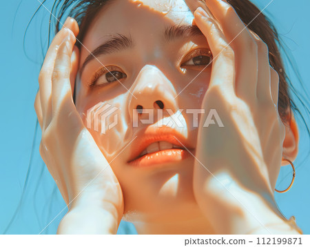 一位亞洲女性的自然美景肖像在清新的藍色背景中閃閃發光。 112199871