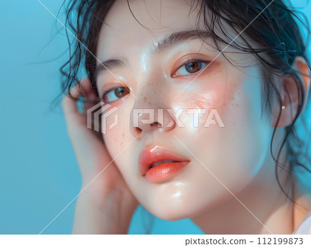 一位亞洲女性的自然美景肖像在清新的藍色背景中閃閃發光。 112199873