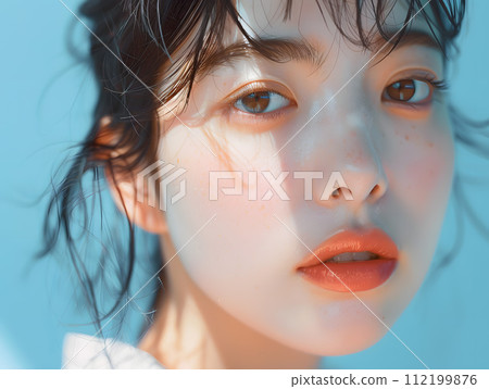 一位亞洲女性的自然美景肖像在清新的藍色背景中閃閃發光。 112199876