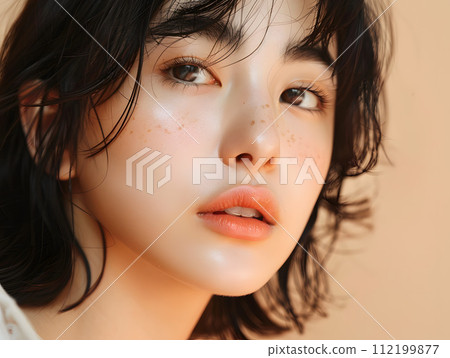 一幅日本女性健康美麗的肖像，在柔和的光線下散發出自然的魅力。 112199877
