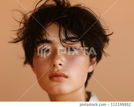 一幅日本女性健康美麗的肖像，在柔和的光線下散發出自然的魅力。 112199882