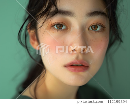 綠色背景凸顯自然光芒的亞洲女性肖像 112199894