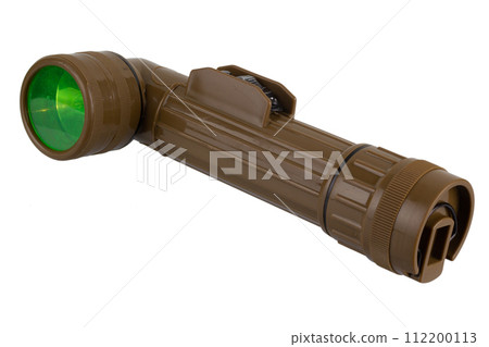 vintage military style flashlight with green light isolated on white vintage military style flashlight with green light isolated on white 112200113