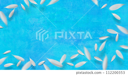 Seasonal texture with dancing white gerbera flowers on blue layered paint background Seasonal texture with dancing white gerbera flowers on blue layered paint background 112200353