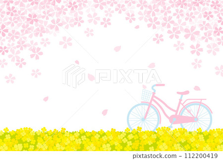 Background illustration of a bicycle, cherry blossoms, and rape blossom field 112200419