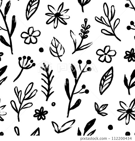 Abstract flower doodle brush seamless pattern. Sketch hand drawn spring floral plant, nature graphic leaf, scribble grunge brush texture black and white ink seamless pattern. Vector 112200434