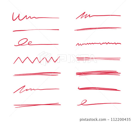 Pen underline line stroke, red marker scribble. Hand drawn mark, brush drawn curve, doodle sketch vector. Red pen text underline, handwritten doodle elements, lettering emphasis. Vector 112200435