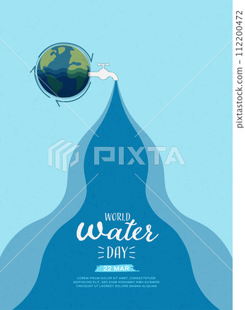 World Water Day. Blue earth globe with the tap (faucet) and water drops with a Recycling symbol. Save water for Sustainable ecology and environment conservation concept design. Vector illustration. 112200472