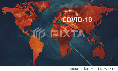 Covid 19 pandemic red virus spreading world map 112200748