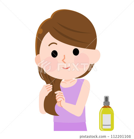 Illustration of a girl applying treatment oil to her hair Illustration of a girl applying treatment oil to her hair 112201108