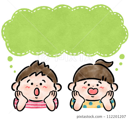 Children resting on their chin speech bubble hand-drawn illustration material 112201207
