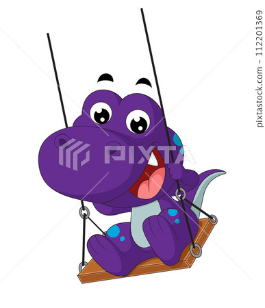 Cute little dinosaur cartoon playing on swing of illustration Cute little dinosaur cartoon playing on swing of illustration 112201369