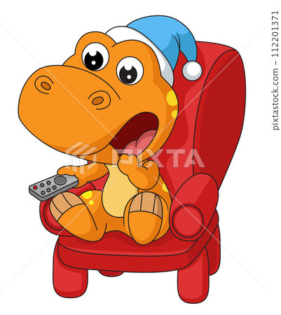Cute little dinosaur cartoon sitting on armchair switching channels with remote of illustration Cute little dinosaur cartoon sitting on armchair switching channels with remote of illustration 112201371