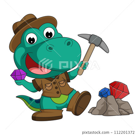Cute little dinosaur cartoon diamond miner of illustration Cute little dinosaur cartoon diamond miner of illustration 112201372