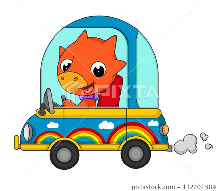Cute little dinosaur cartoon driving car of illustration 112201389